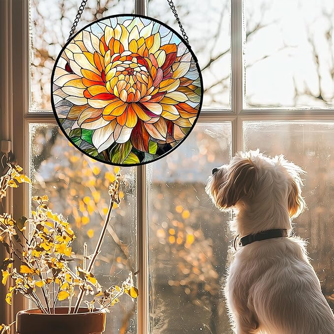 Stained Glass Window Hanging - Chrysanthemum Suncatcher for Doors Garden Patio Birth Flowers Sun Catchers Decor Christmas Mother's Day Birthday Gifts for Women Men Mom Nana Friend 11.8 in