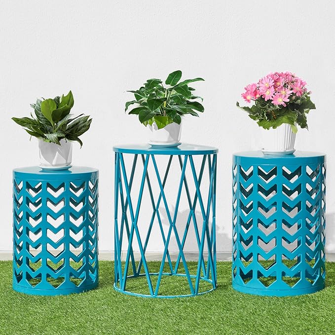 HFHOME Set of 3 Metal Side End Tables Nightstand, Nesting Round Coffee Table for Indoor Outdoor, Heavy Duty Metal Plant Stand Living Room Garden Stool - Blue