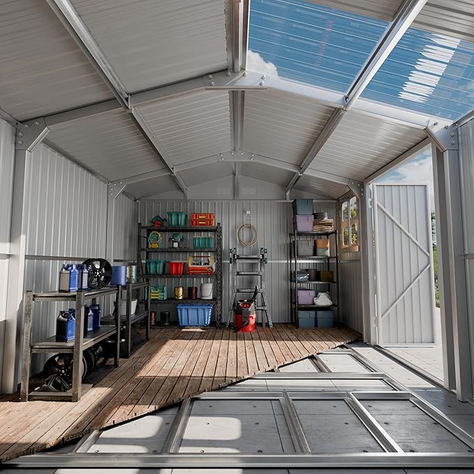 Restland 12x10 FT Metal Storage Shed with Floor Base Frame Reinforced Outdoor Shed with Clear Roof, Air Vent & Lockable Door Large Garden Tool Storage Sheds for Backyard, Garden, Lawn