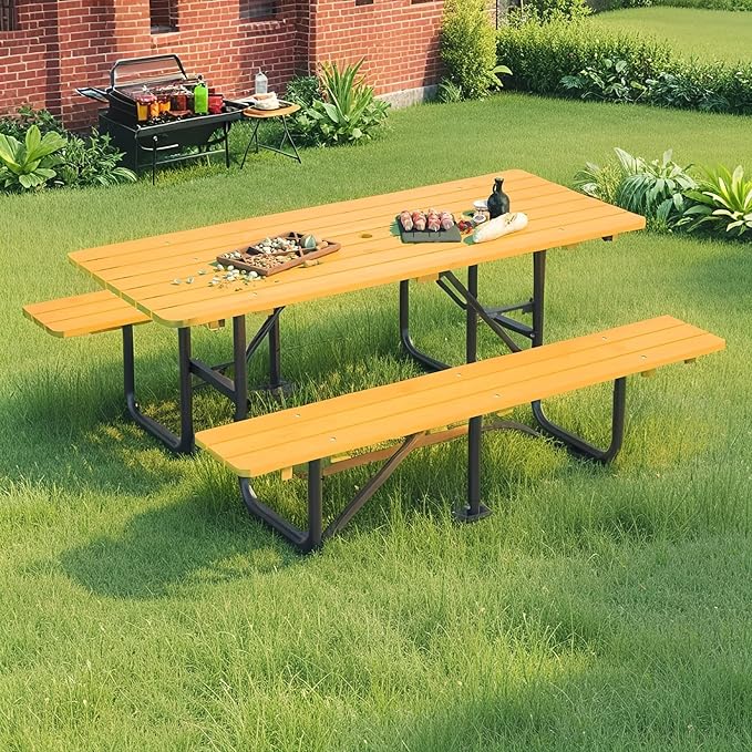 Outdoor Picnic Table with Benches, 6 - Person Picnic Table, Wooden Patio Dining Set, 1.97'' Umbrella Hole, Waterproof and Rounded Corners Design for Backyard, Garden, Park, Restaurant, Picnic, Yellow