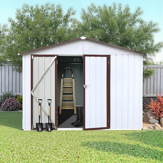 8x10 FT Outdoor Storage Shed, Metal Tool Shed with Lockable Doors, Peaked Roof & Frame Floor, Garden Shed with Vented Design for Backyard Garden Patio Lawn, White+Coffee