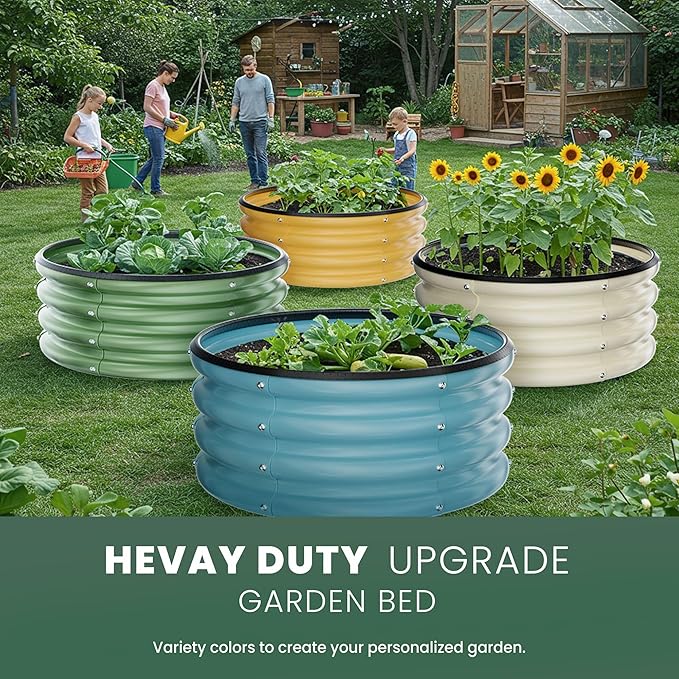 Round Galvanized Raised Garden Bed Kit, 3 Pcs 2 x 2 x 1ft Autumn Gold Galvanized Garden Boxes, Outdoor for Vegetables