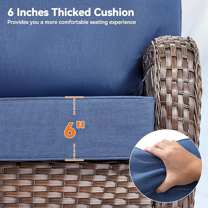 Luxury 6" Outdoor Cushions for Patio Furniture, 24x24x6 Thick Seat Cushion Set of 7, Fade Resistant Couch Chair Replacement Cushions High Density Deep Wicker Chair Cushion w/Removable Cover, Blue