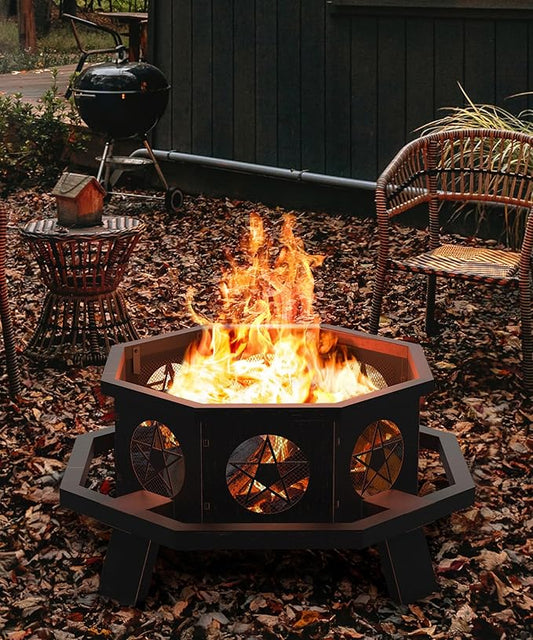 43 inch Fire Pit, Outdoor Fire Pits with Cooking Grill, Wood Burning Fire Pits for Outside, Octagonal Heavy Duty Large Firepit with Poker for Bonfire, Backyard, Camping, Bronze
