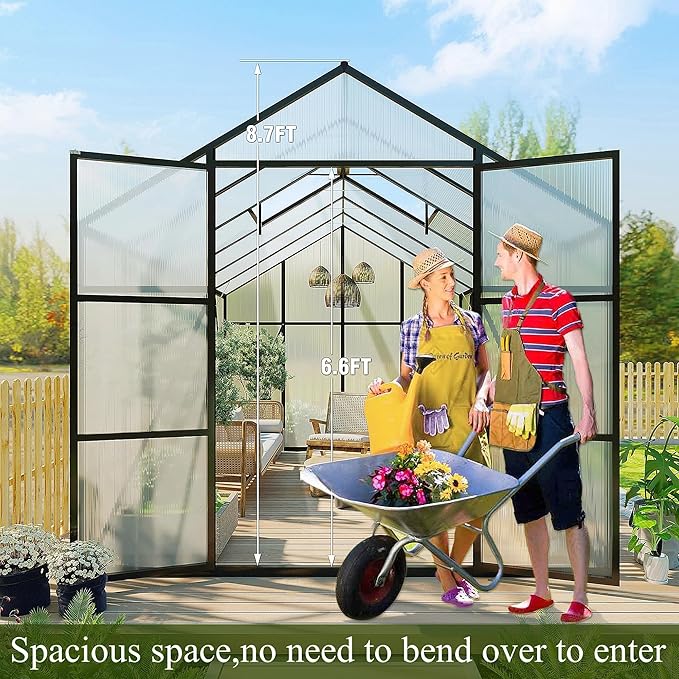 10 * 12 * 8.7FT Greenhouse for Outdoors,Polycarbonate Greenhouse with Stronger Wind Protection and Roof Vent,Walk-in Large Aluminum Sunroom Winter Proof,Black