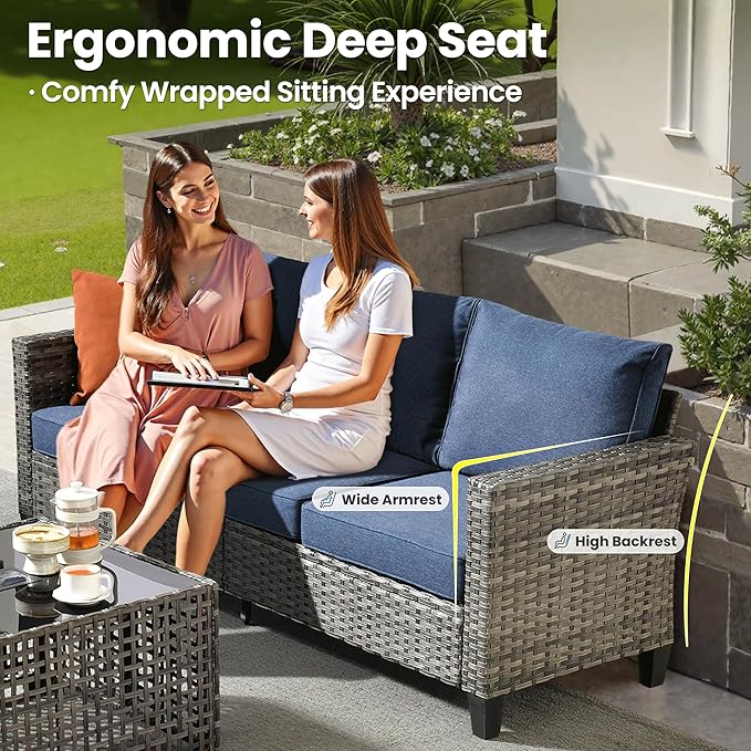 ovios 4 Pieces Patio Furniture Set Outdoor Sofa Couch with Solar Lights Table Comfy Cushions, Modern Deep Seat Wicker Rattan Conversation Set for Porch Deck, Denim Blue