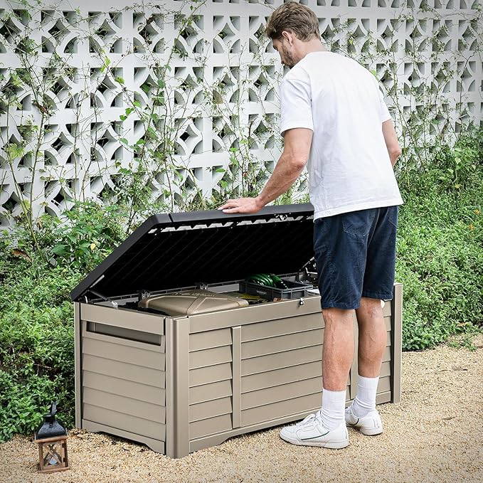 DWVO Large Deck Box 120 Gallon Waterproof Outdoor Storage Box, Extra Large Outdoor Bin, Resin Louvered Patio Storage for Pillows, Garden Tools & Pool Supplies, Lockable, Black&Brown