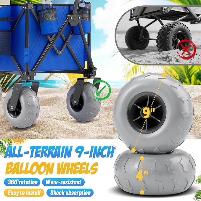 Beach Wagon with Big Wheels for Sand, 450lbs Heavy Duty Folding Wagon, Oversized 200L, 9" PVC All-Terrain Wheels, Adjustable Handle, Cooler & Storage Bags for Beach, Camping, Garden & Outdoor Sports