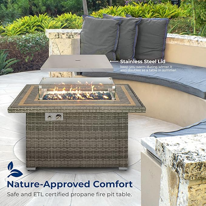 SereneLife Outdoor Propane Fire Pit Table 50000 BTU with Auto Ignition, Glass Wind Guard, Mosaic Tile Top, Clear Glass Rocks, and Weather-Resistant Design for Patio or Backyard