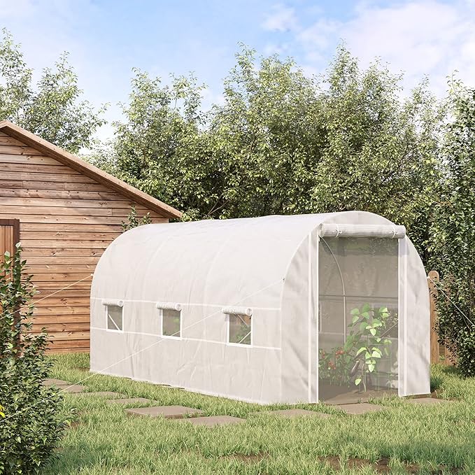Outsunny 15' x 7' x 7' Walk-in Tunnel Greenhouse, Large Heavy Duty Garden Hot Green House Kit with 6 Roll-up Windows & Roll Up Door, Steel Frame for Garden Plants, White