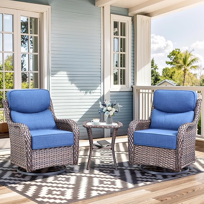 Luxury High Back Outdoor Swivel Rocker Patio Chairs with Side Table & 6-Inch Thick Cushions, 3 Pieces Patio Furniture Set for Porch, Balcony, Deck and Yard