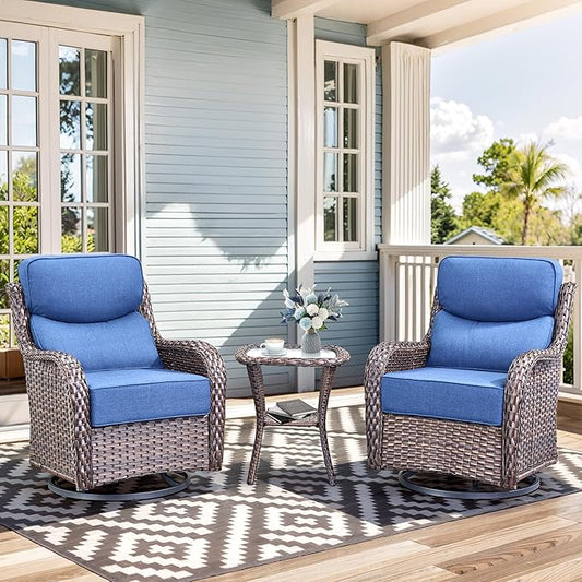 Luxury High Back Outdoor Swivel Rocker Patio Chairs with Side Table & 6-Inch Thick Cushions, 3 Pieces Patio Furniture Set for Porch, Balcony, Deck and Yard