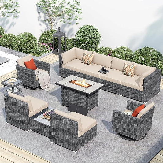 HOOOWOOO 11 Piece Patio Sectional Furniture Set with Fire Pit Table,Modern Wicker Outdoor Conversation Sofa Sets,Weather Resistant Modular L Shaped Outside Couch Swivel Chair Set(Beige)
