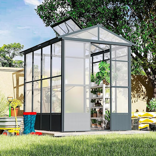 Domi 6.5x8FT Polycarbonate Greenhouse with Automatic Vent, Extra Tall 7.8FT Walk-in Aluminum Frame, Weather-Resistant Green House with Shelves & Hooks for Outdoor Garden, Backyard, Dark Grey