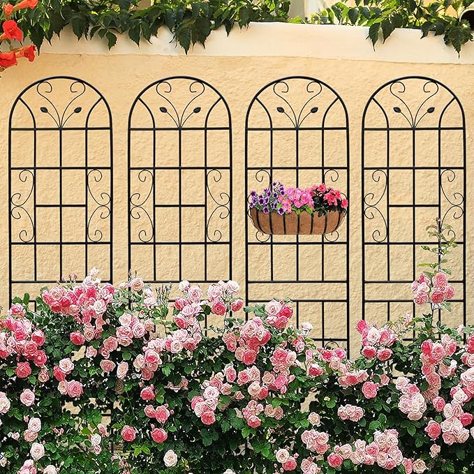 4 Pack Metal Garden Trellis 86.7" Tall Outdoor Climbing Plant Support for Roses, Flowers, Rustproof Durable Black Galvanized Tube, Lawn Garden Fence Decor Screen (4, Black curves-86.7" H)