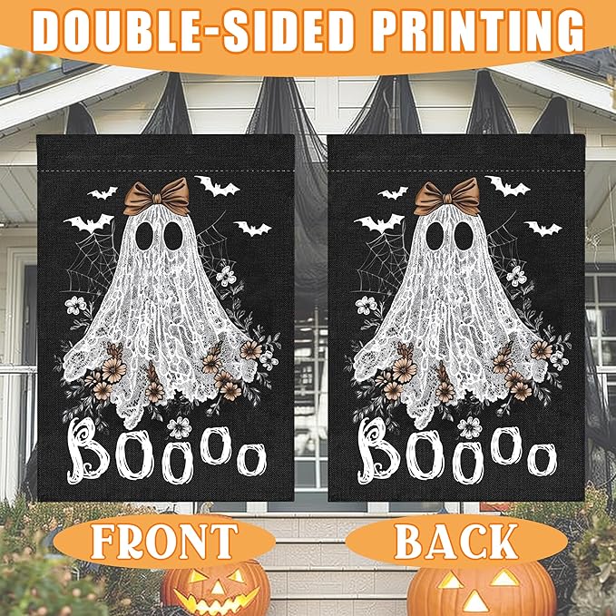 Boo Halloween Garden Flag for Outside, 12x18 Inch Double Sided Halloween Pumpkin Ghost Spider Web Bats Yard Flag, Farmhouse Small Yard Flags for Outdoor Decorations, Holiday Decor Gifts-A11