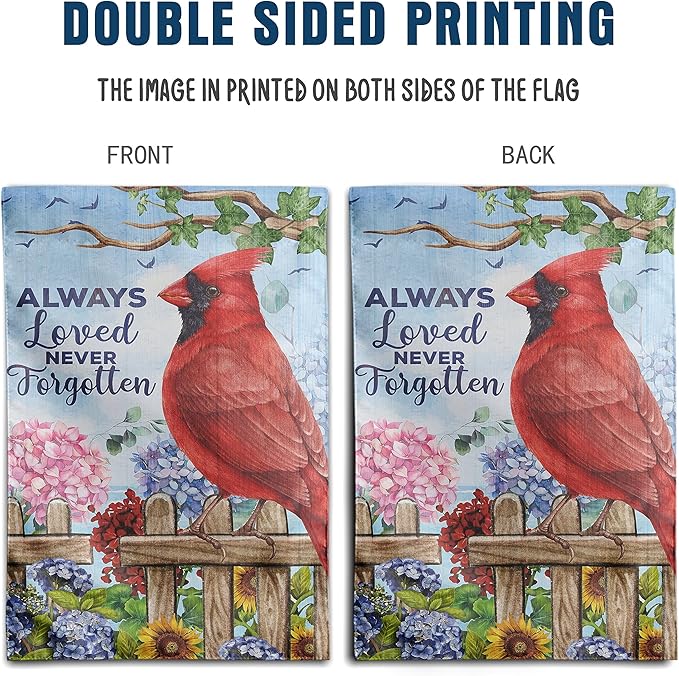 Red Bird Garden Flag Memorial Flags for Cemetery Flags Grave Decorations Remberance Day Flag 12x18 Double Sided Gravesite Saying Always Loved Never Forgotten