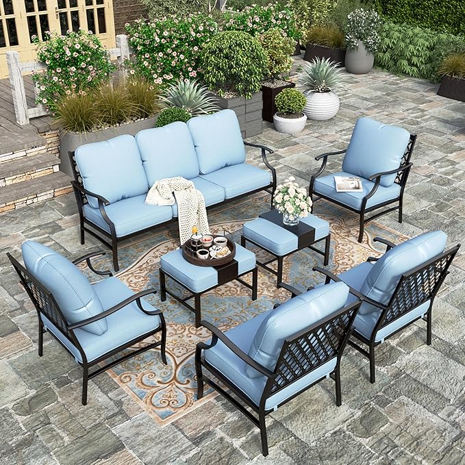 HERA'S HOUSE 7 Piece Patio Furniture Set, 4 x Metal Cushioned Chair, 2 x Cushioned Ottoman, 1 x 3-Seat Sofa, Outdoor Conversation Set for Lawn Garden Backyard, Blue