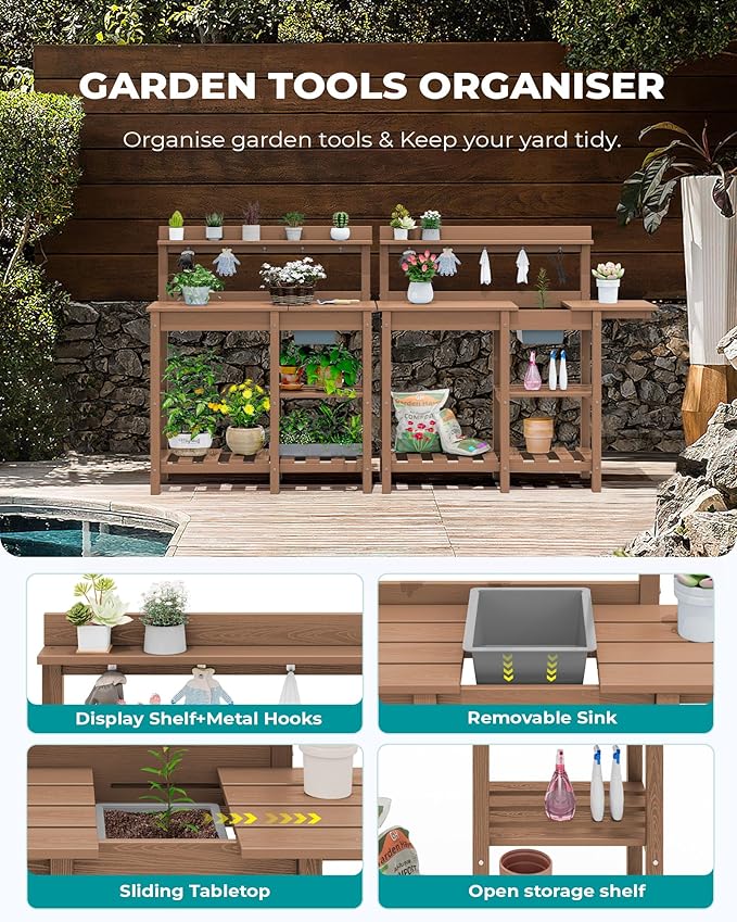 SERWALL Potting Bench Outdoor Potting Table with Sink, HDPE Teak Potting Benches for Outside Gardening Table All Weather Use- Brown