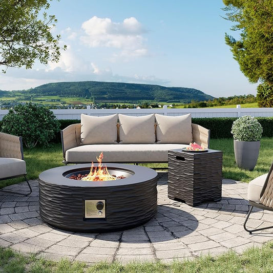 Cosiest Propane Fire Pit with Tank Cover for Outside, 35 in Round Gas Fire Pits for Outdoor Patio, CSA Certified, 50000 BTU Concrete Rectangle Base with Rain Cover, Free Lava Rocks