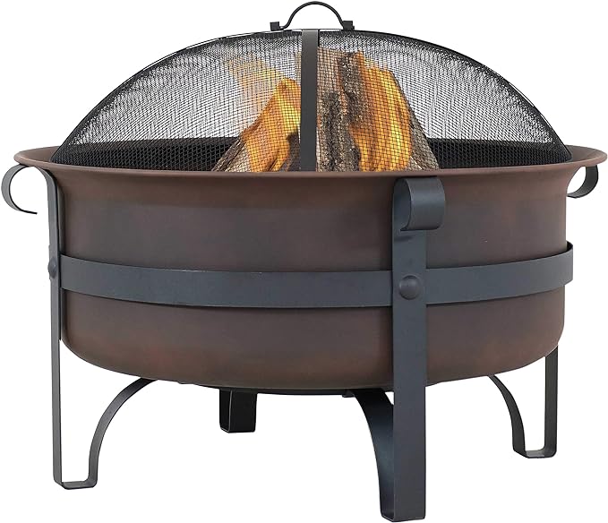 Sunnydaze 29-Inch Wood-Burning Outdoor Fire Pit - Bronze Cauldron Wood Fire Pit for Outside - Includes Poker and Spark Screen