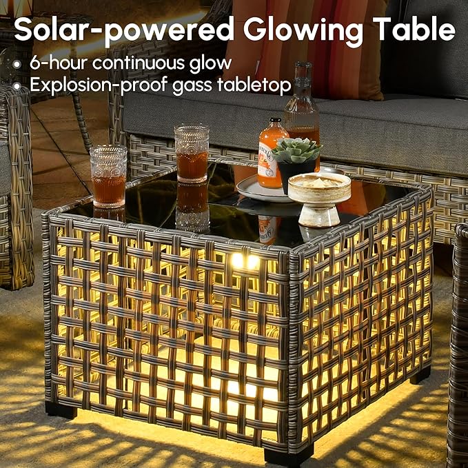 6 Pieces Patio Outdoor Furniture Set,All Weather Wicker Rattan Patio Seating Sofa and Chair Set w/Ottoman and Glowing Coffee Table,Outdoor Conversation Sets for Deck Yard Garden,Dark Grey