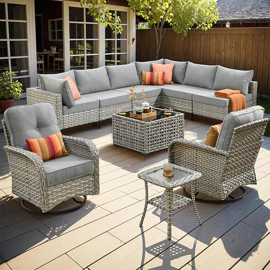 Outdoor Sectional Patio Furniture Set with Swivel Rocking Chairs,10 Pieces Wicker Conversation Sets L Shaped Couch Out Door Sofa Set Outside Furniture for Garden Deck Yard Porch,Dark Grey