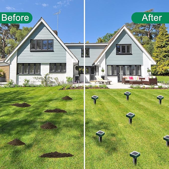 Solar Powered 6 Pack Solar Mole Repellent Ultrasonic for Vole, Snakes, Gopher, Waterproof Sonic Mole Deterrent Spikes,Snake Gopher Vole Repellent for Garden and Yard