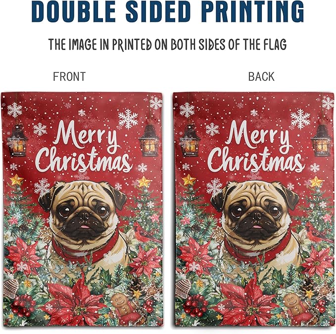 Christmas Pug Garden Flag Merry Christmas Dog Yard Flag for Outside Xmas Flags 12x18 Double Sided Red Poinsettia Garden Flags Winter Porch Decorations Outdoor