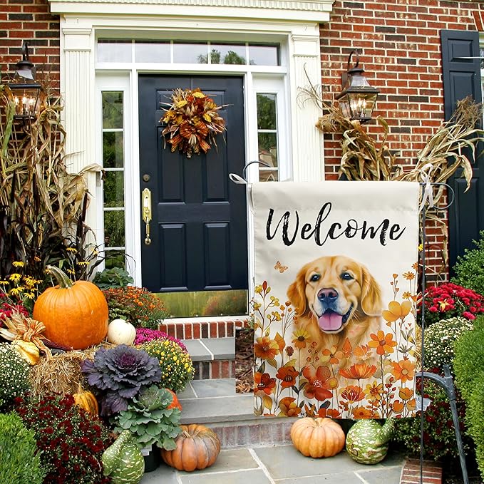 Floral Golden Retriever Garden Flag Fall Yard Flag Wildflower Dog Garden Flags Orange Autumn Lawn Flags Welcome Thanksgiving Outdoor Flags for Outside 12x18 Double Sided Small