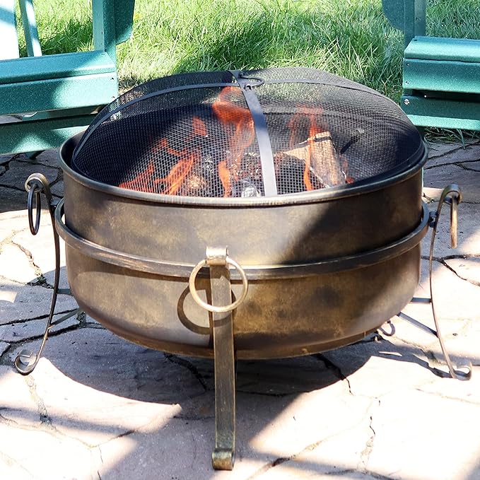Sunnydaze 24-Inch Small Fire Pit for Outside - Wood-Burning Fire Pit Bowl for Outdoors with Spark Screen, Log Poker, and Grate