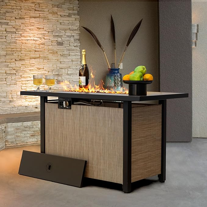 Nuu Garden 43" Propane Fire Pit Table, CSA-Listed Outdoor 50,000 BTU Gas with Lid and Glass Beads, 2-in-1 Rectangular for Outside Backyard Patio, Light Brown