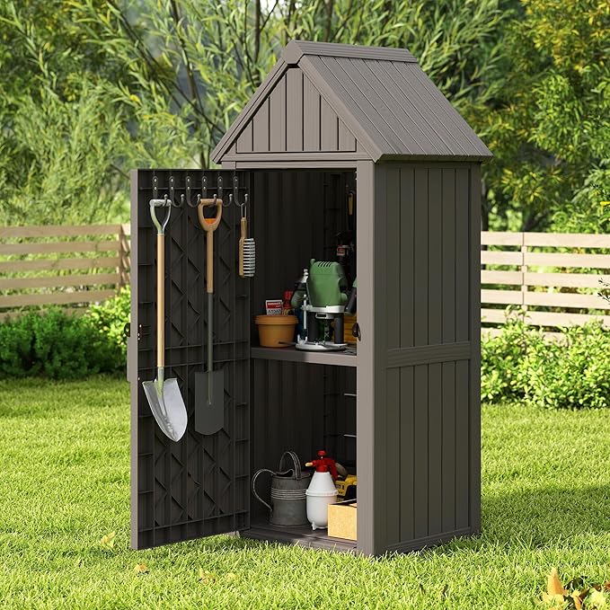 Shed Outdoor Storage Shed with Sloping Roof and Lockable Door, Resin Outdoor Storage Box Cabinet Waterproof and Multiple Hooks for Backyard, Patio, Poolside, Grey
