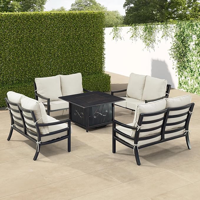 Oakland Living Black Aluminum Patio Fire Table Set with Four Deep Seating Loveseat with Cushions with Light Grey Cushions