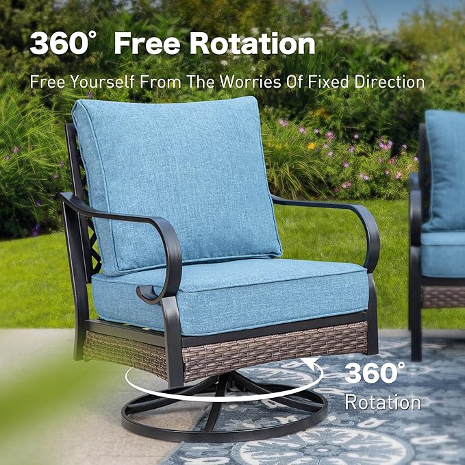 4 Piece Black Metal Outdoor Patio Furniture Sets with Firepit Table, Patio Conversation Sets 1 3-Seater Sofa, 2 Swivel Sofa with 5.75" Thick Cushion Backyard Furniture for Deck, Navy