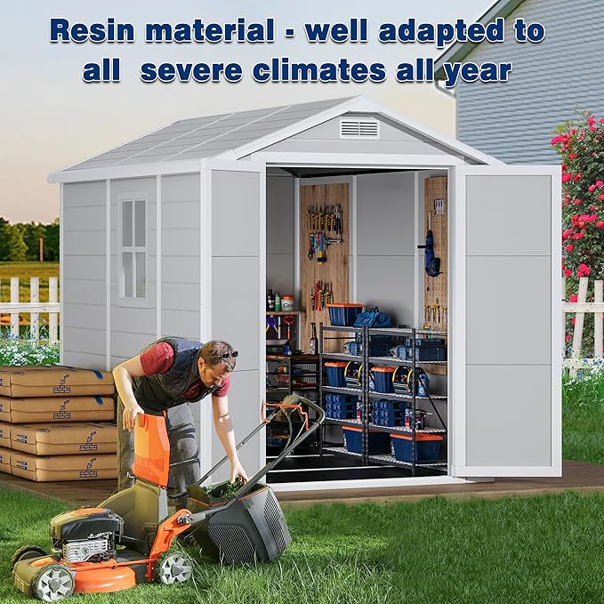 8.7x5.5 FT Resin Outdoor Storage Shed with Floor, Weather-Resistant Plastic Garden Shed with Windows, Lockable Door and Vents, Outside Tool Storage Sheds for Backyard, Garden, Patio, Lawn, Grey
