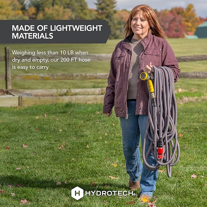 HydroTech 5/8" 200 ft Expandable Garden Hose - Flexible, Lightweight, Durable and Burst-Proof Hose with Reinforced Latex Core and Solid Brass Fittings - Great for Lawn Care, Garden, and Car Washing