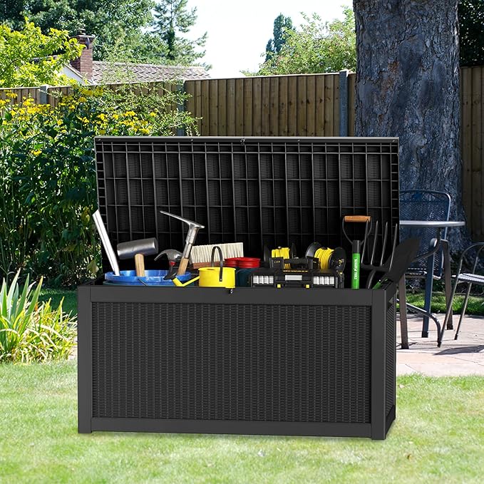 260 Gallon Outdoor Storage Box – Resin Deck Box with Lockable Lid, Waterproof Patio Furniture Storage for Tools, Garden & Yard Organization