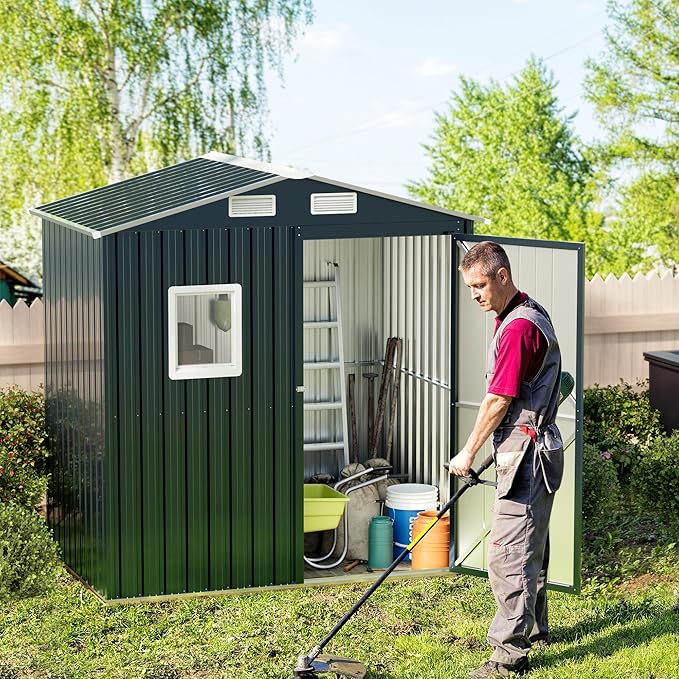 Breezz 6x4FT Outdoor Steel Storage Shed with Clear Window, Lockable Doors, Weather-Resistant Metal Tool Shed for Garden, Backyard, Patio, and Utility Storage