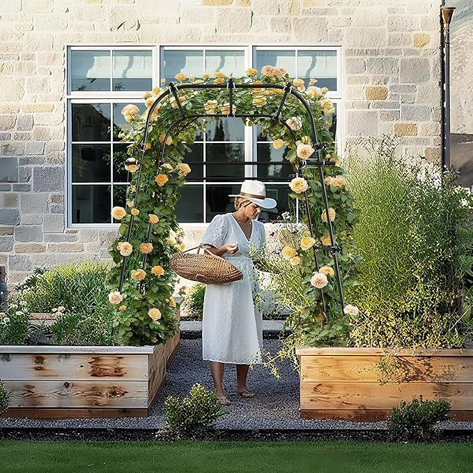 Garden Arch Plant Trellis for Climbing Plants Outdoor, Cucumber Trellis for Raised Bed, Grape Metal,Arbor Trellis Plant Support Flower Vegetables,Tomato Black,6.7FT Rust-Proof