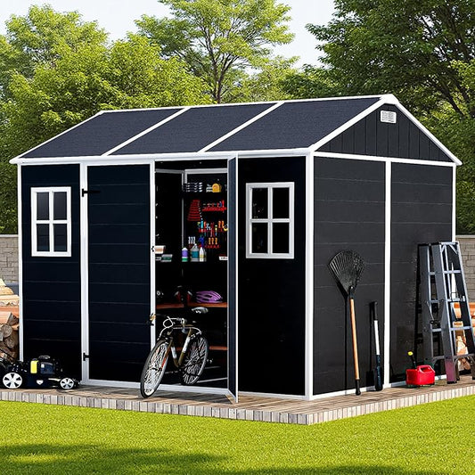 Outdoor Storage Shed 8x7 FT, Resin Shed with Floor & Window, Lockable Door, Vents, Outside Sheds & Garden Shed for Patio Furniture, Gardening Tools, Pool Equipment (Dark Gray, 8 * 7ft)