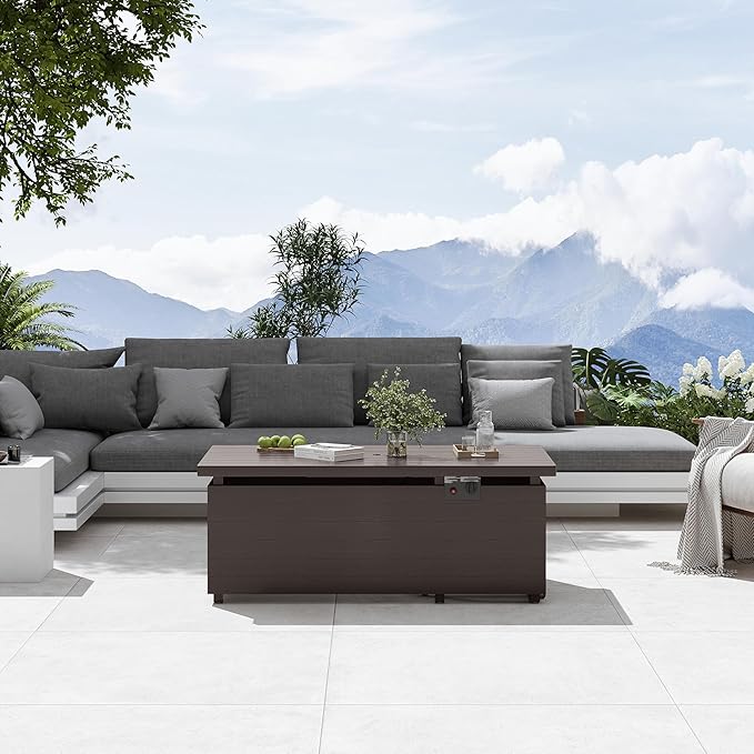 Sundale 50 Inch Outdoor Fire Pit Table, 50,000BTU Rectangle Propane Fire Pit with Glass Wind Guard, Rain Cover, Removable Lid, CSA Certified, Brown