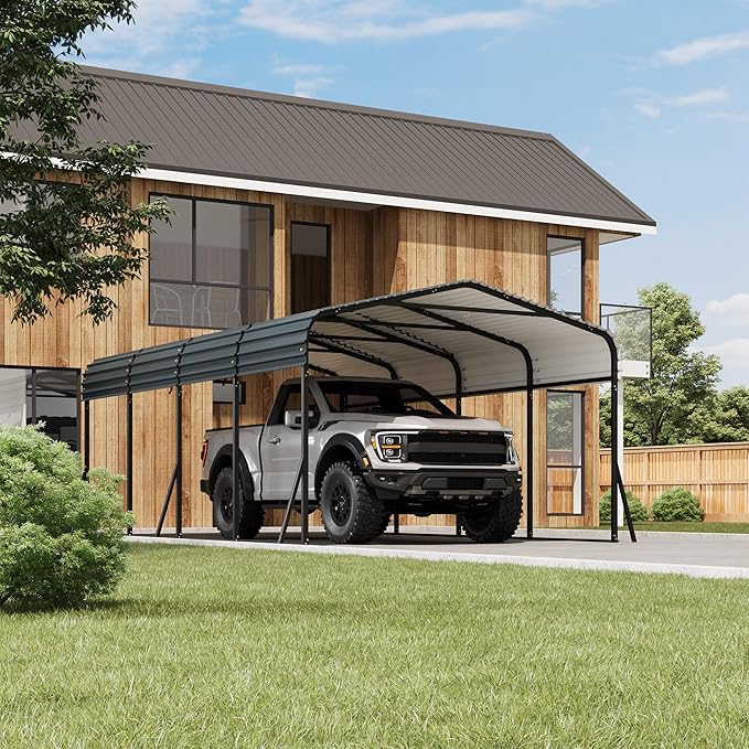 12 x 20 FT Metal Carport with Galvanized Steel Roof, Heavy Duty Metal Roof Carport with Enhanced Base, Tall Kits Garage for Tractors, Trucks, Boats, Cars