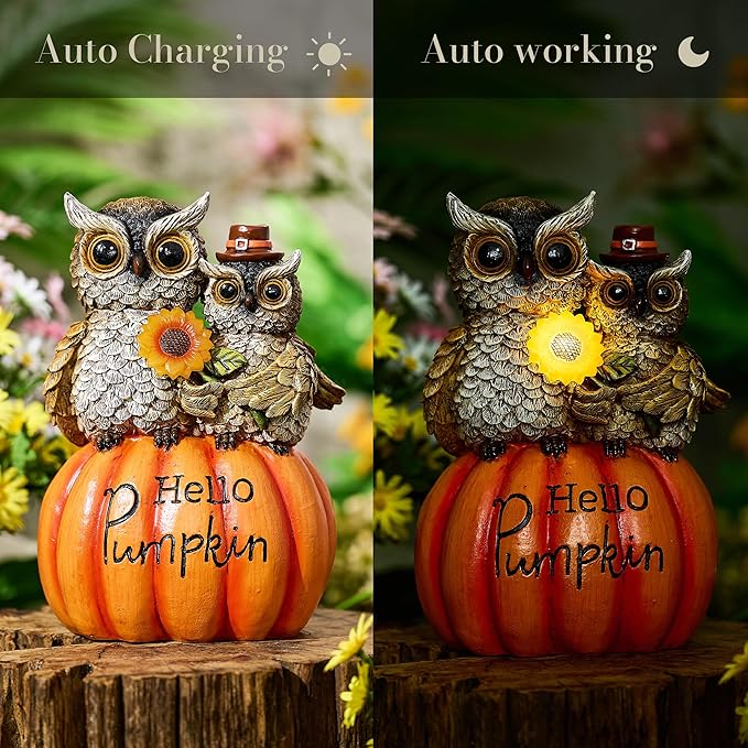 TERESA'S COLLECTIONS Fall Decor, Fall Owl Decor, Owl Perch on Pumpkin with Solar Light, Outdoor Fall Decor Waterproof Resin, Fall Gifts Outdoor/Indoor, 7.1"