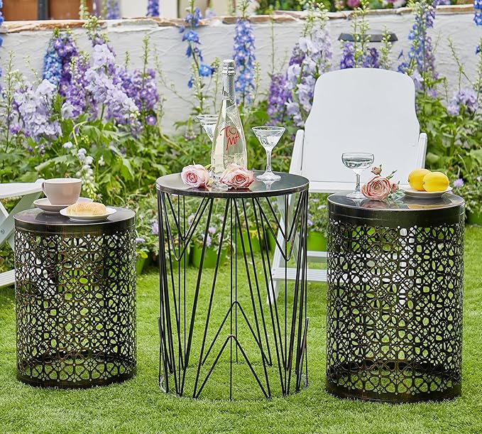 Y&M Set of 3 Stacking Coffee Table Side Table, for Living Room,Indoor End Tables for Bedroom, Outdoor Decorative Garden Stool with Heavy Duty Metal Frame Modern Industrial Decor - Black with Bronze