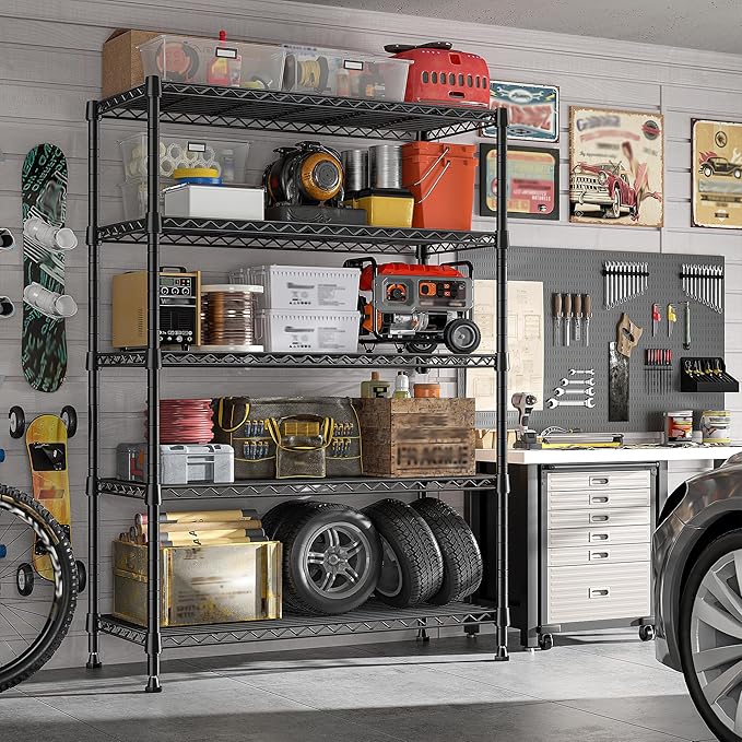 REIBII 76.1" H Storage Shelves Wire Shelving Unit Loads 1653 LBS, Metal Shelving with Wheels & Feet, 5 Tier Adjustable Metal Dorm Storage Shelves for Pantry Kitchen, Garage, Back to School Supplies