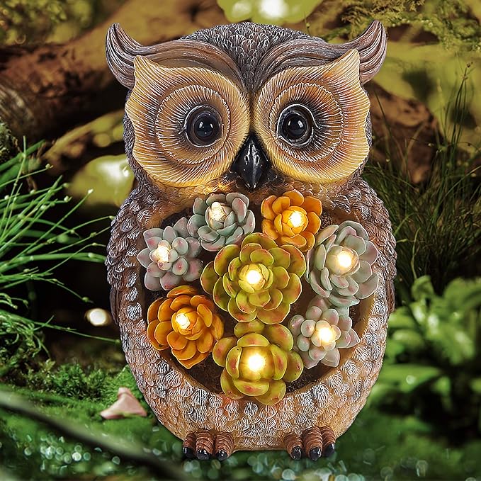 FORUP Owl Garden Statue, Resin Owl Figurine Garden Lawn Ornaments with Solar LED Lights for Outdoor Yard Garden Decorations