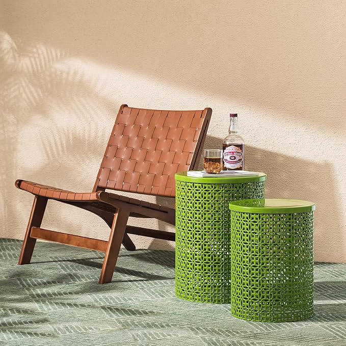 Glitzhome Outdoor Side Table Set of 2, Decorative Garden Stool for Indoor Outdoor Heavy Duty Metal Frame Accent Table Modern End Table, Glossy Green