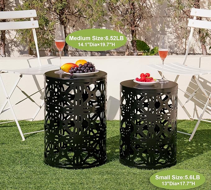 HFHOME Set of 3 Metal Outdoor Side Table, Nesting Round Coffee Table for Indoor Outdoor, Heavy Duty End Tables Plant Stand Living Room Garden Stool - Black
