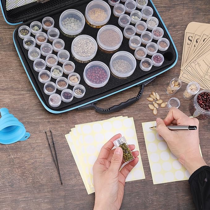 48 Slots Seed Storage Organizer Box, Garden Vegetable Plant Flower Seeds Saving kit with Write Label Funnel Tweezer 2 Sizes Storage Bottles